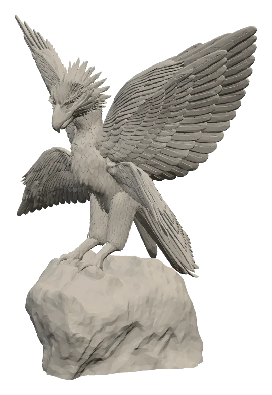 A bird with four feathered wings, standing on a rock
