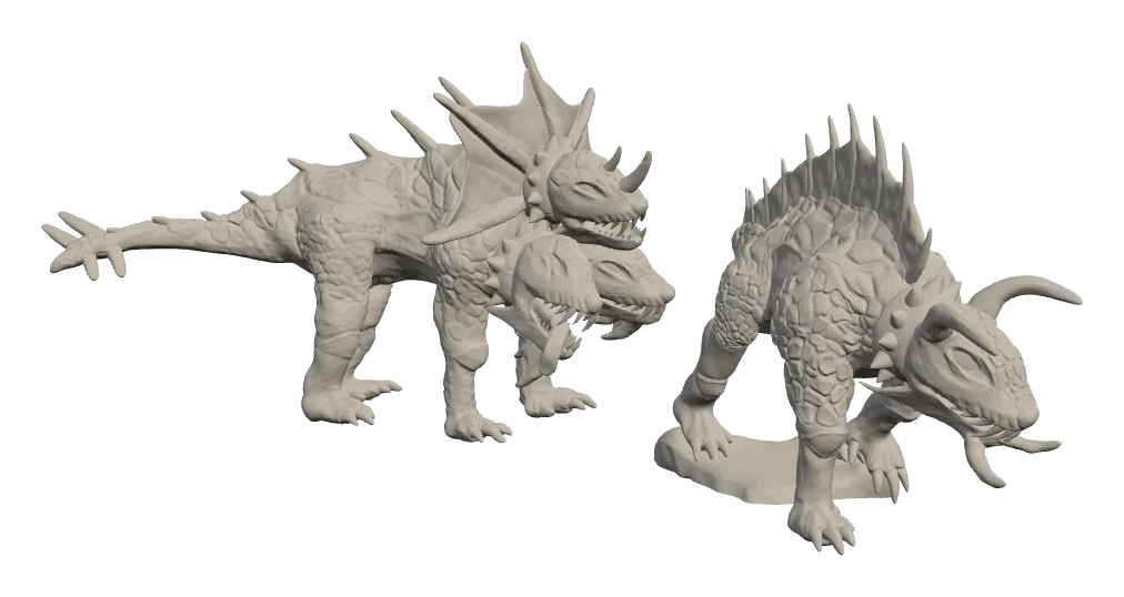 Two hellhounds: a three-headed hound covered in spikes, and a crested hound with long horns