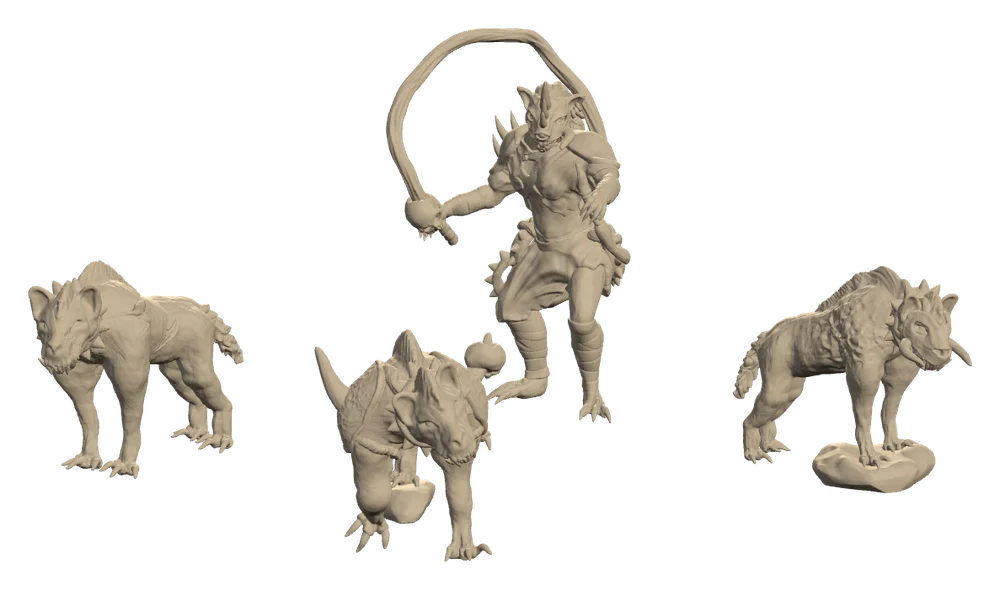 The gnoll packmaster with his whip and three hyenas