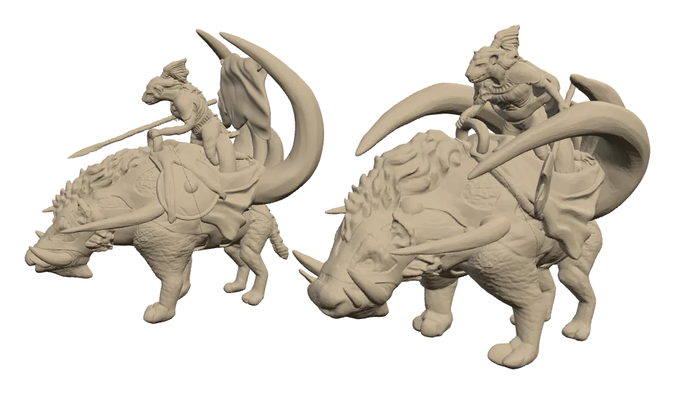 Two gnolls riding horned warthogs, one with a spear, one with an axe