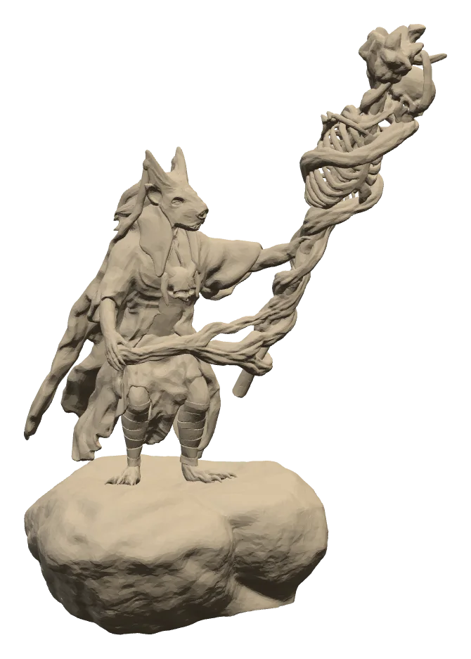 The gnoll shaman on a rock, raising a twisted staff