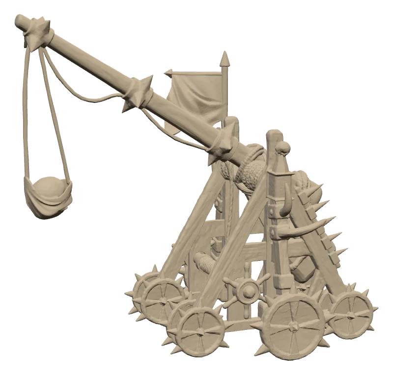 The gnoll siege trebuchet on spiked wheels, its arm raised with the sling hanging